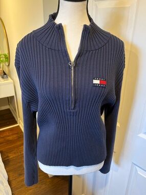 Y2K Tommy Hilfiger Jeans Ribbed Half Zip Sweater XXL Navy Logo Knit